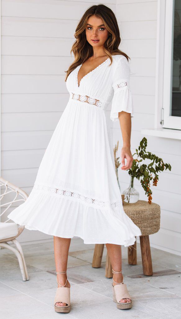 Deep V-Neck Crochet Lace Empire Waist Tiered Ruffle Hem Midi Dress
