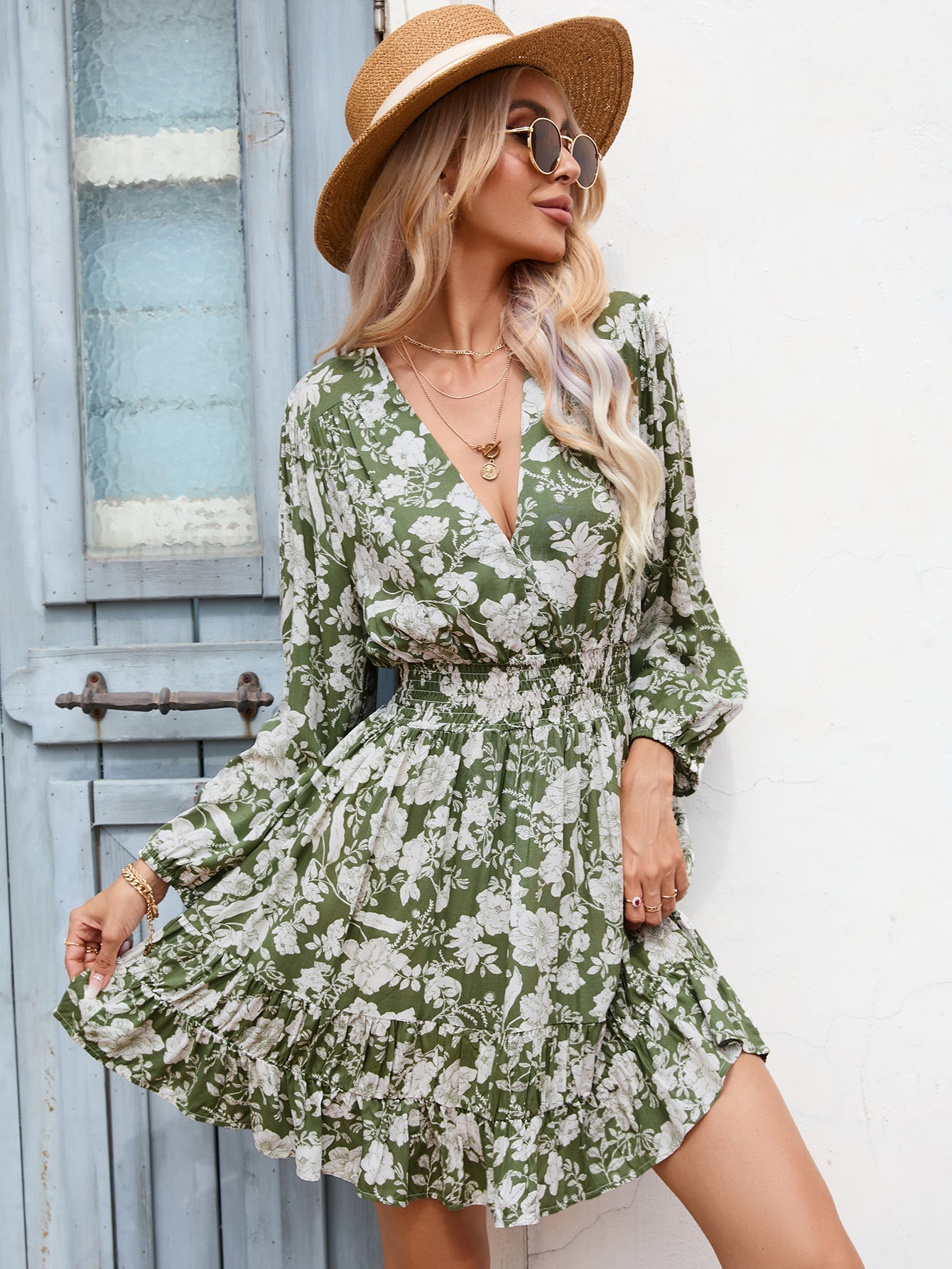 Floral Print Deep V-Neck Lantern Sleeve Smocked Waist Tiered Ruffle Hem Mini Dress
