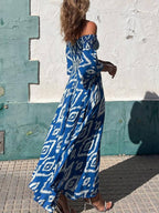 Vacation Ethnic Print Smocked Off Shoulder Pocketed Maxi Dress