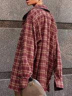 Retro Red Scottish Plaid Loose Long Sleeve Shirt