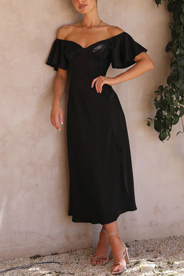Off Shoulder Sweetheart Neck Flutter Sleeve Satin Bustier Midi Dress