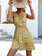 Ditsy Floral Print V-Neck Ruffle Trim Sleeveless Wrap Front Mini Dress