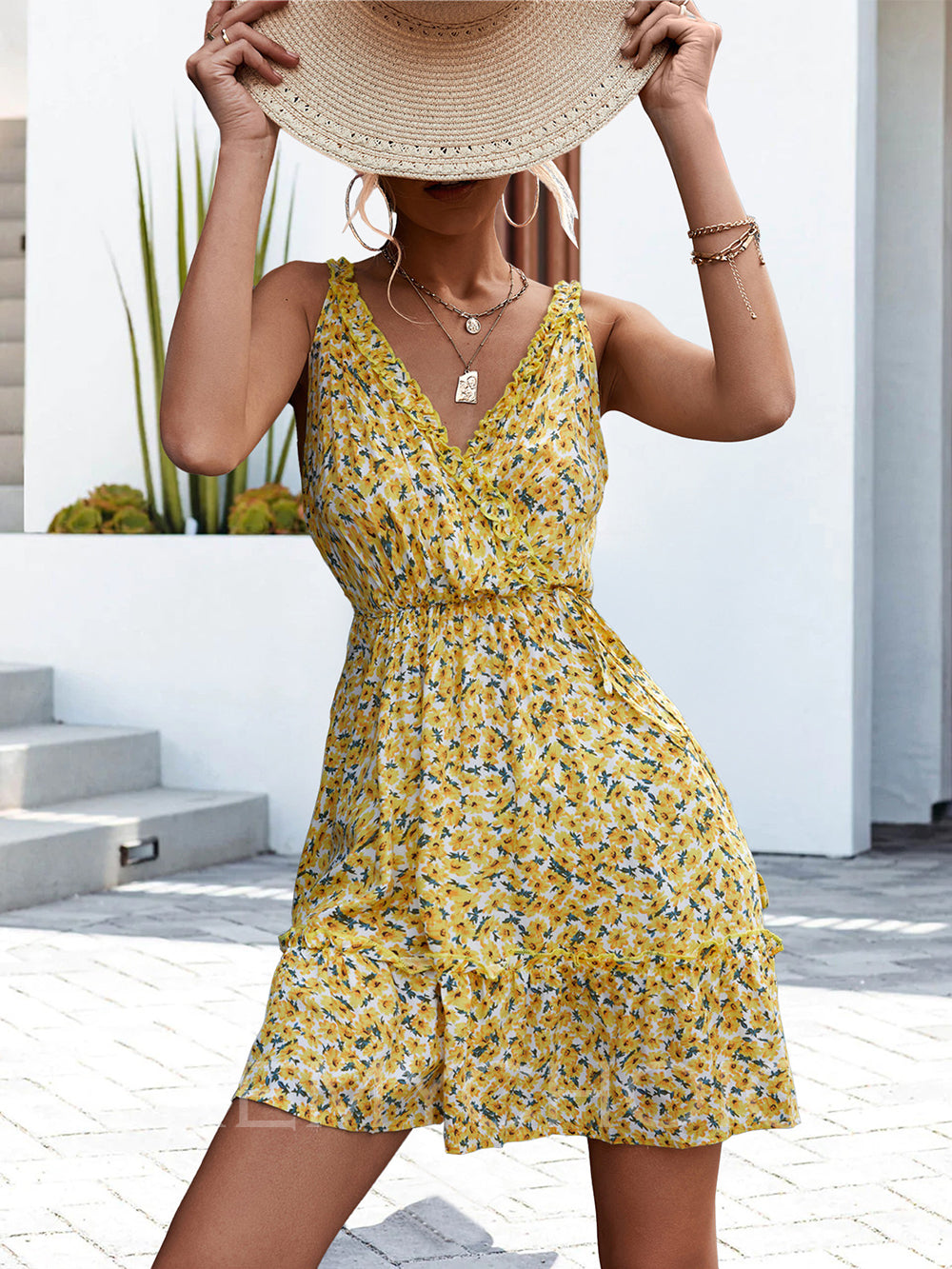 Ditsy Floral Print V-Neck Ruffle Trim Sleeveless Wrap Front Mini Dress