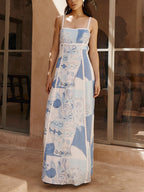 Square Neck Spaghetti Strap Crochet Trim Pottery Vase Print Column Maxi Dress