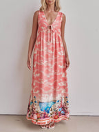 Wide Strap V-Neck Tie Front Cloud Print Scenic Border Maxi Dress