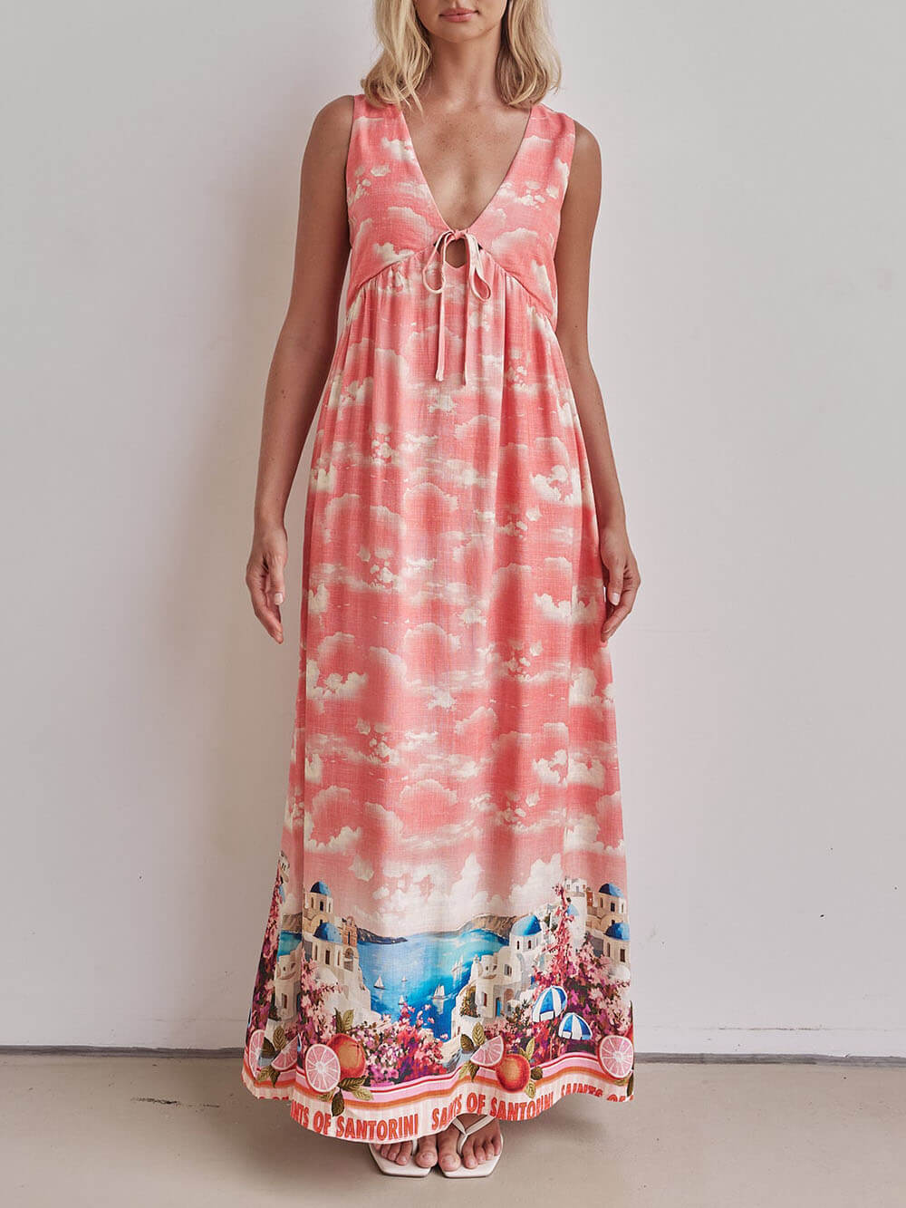 Wide Strap V-Neck Tie Front Cloud Print Scenic Border Maxi Dress