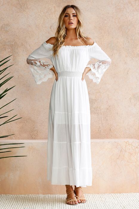 Off Shoulder Lace Embroidered Bell Sleeve Smocked Tiered Maxi Dress