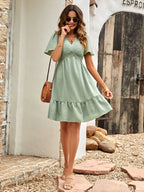 Swiss Dot Flutter Sleeve V-Neck Lace Insert Tiered Ruffle Hem Mini Dress