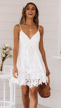 Lace Panel Pleated Deep V-Neck Spaghetti Strap A-Line Mini Dress