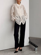 Long-Sleeve Collared Plain Pointelle Top