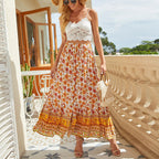 Floral Print Button Front Drawstring Waist Tiered Ruffle Hem Maxi Dress