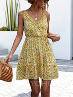 Ditsy Floral Print V-Neck Ruffle Trim Sleeveless Wrap Front Mini Dress