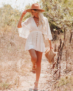 Lace Eyelet Deep V-Neck Bell Sleeve Smocked Button Front Mini Dress