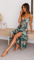 Floral Print Tie Front Underbust Cutout Spaghetti Strap High Slit Midi Dress