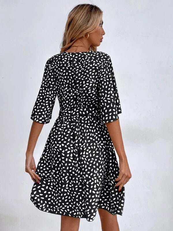 Dalmatian Print Flutter Sleeve Wrap Tie Waist Mini Dress
