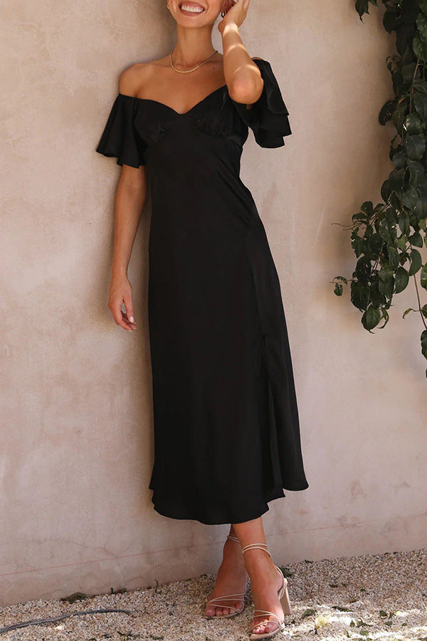 Off Shoulder Sweetheart Neck Flutter Sleeve Satin Bustier Midi Dress