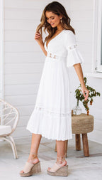 Deep V-Neck Crochet Lace Empire Waist Tiered Ruffle Hem Midi Dress