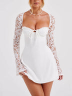 Sweetheart Tie Front Lace Panel Long Sleeve Mini Dress