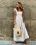 Gingham Print Smocked Square Neck Cap Sleeve Tiered Maxi Dress