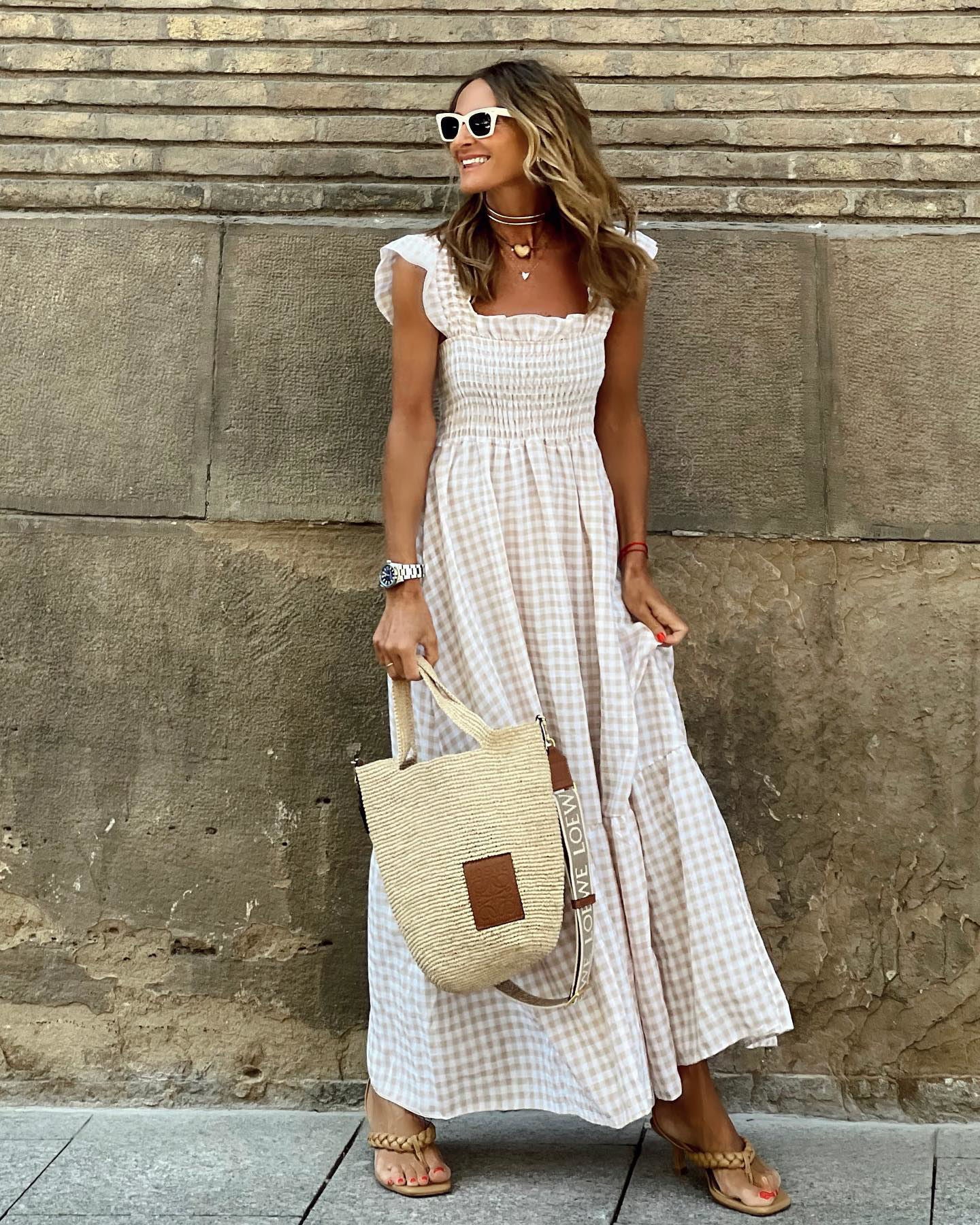 Gingham Print Smocked Square Neck Cap Sleeve Tiered Maxi Dress