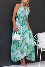 Floral Print Halter Neck Keyhole Cutout Pleated Handkerchief Hem Maxi Dress