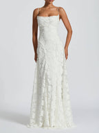 Square Neck Spaghetti Strap Floral Applique Tiered A-Line Maxi Dress