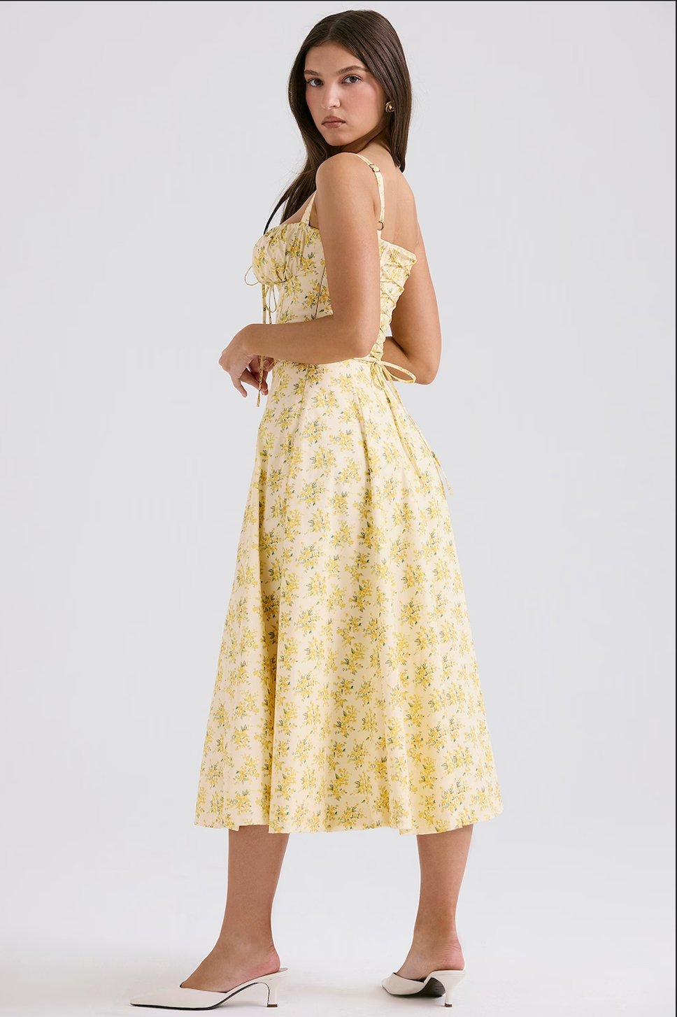 Ditsy Floral Print Sweetheart Corset Front Slit Midi Dress