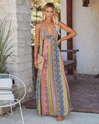 Deep V-Neck Patchwork Floral Paisley Halter Maxi Dress
