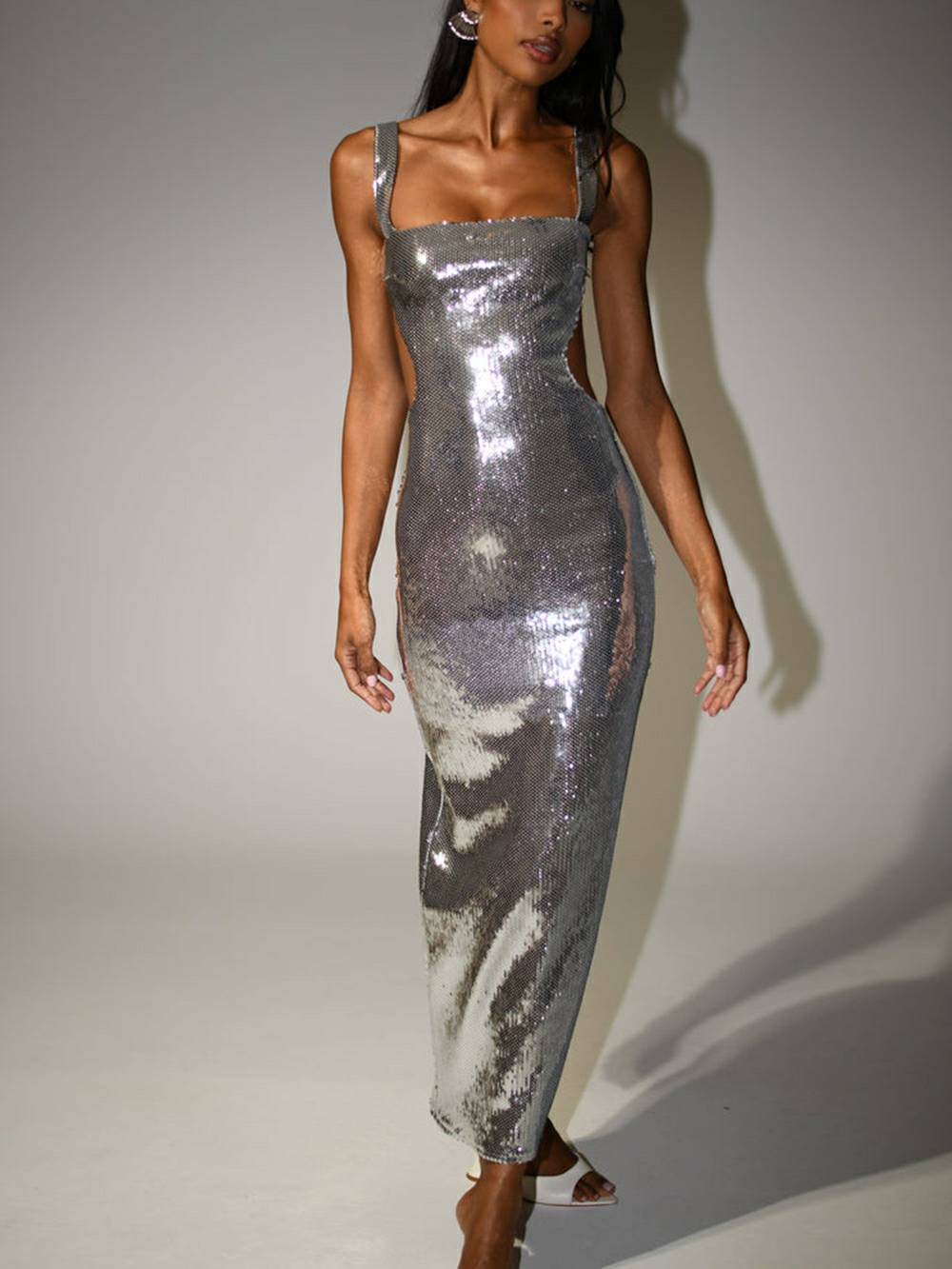 Sequin Square Neck Side Cut Out Bodycon Maxi Dress