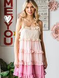 Swiss Dot Color Block Ruffle Trim Spaghetti Strap Tiered Mini Dress