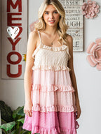 Swiss Dot Color Block Ruffle Trim Spaghetti Strap Tiered Mini Dress