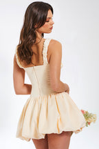 Square Neck Ruched Strap Bubble Hem Mini Dress