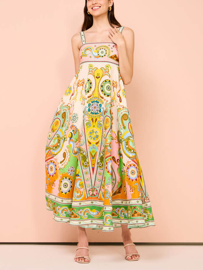 Paisley Print Spaghetti Strap Fit and Flare Maxi Dress