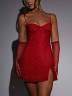 Glitter Mesh Sweetheart Spaghetti Strap Bustier Side Slit Bodycon Mini Dress