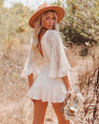 Lace Eyelet Deep V-Neck Bell Sleeve Smocked Button Front Mini Dress