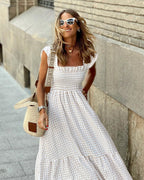 Gingham Print Smocked Square Neck Cap Sleeve Tiered Maxi Dress