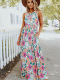 Floral Print Crew Neck Empire Waist Pocket Maxi Dress