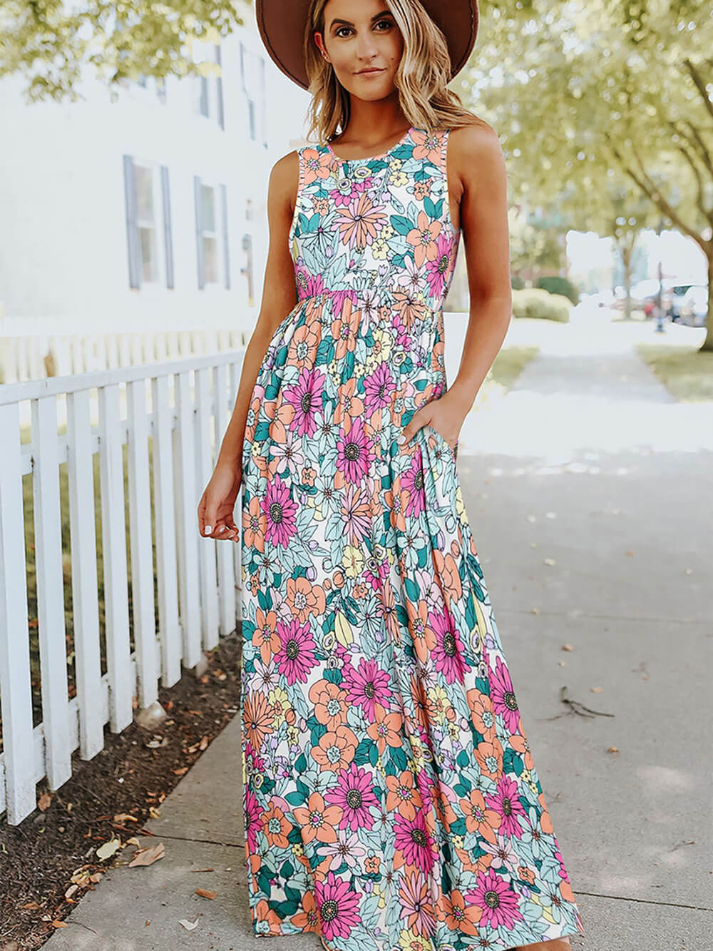 Floral Print Crew Neck Empire Waist Pocket Maxi Dress