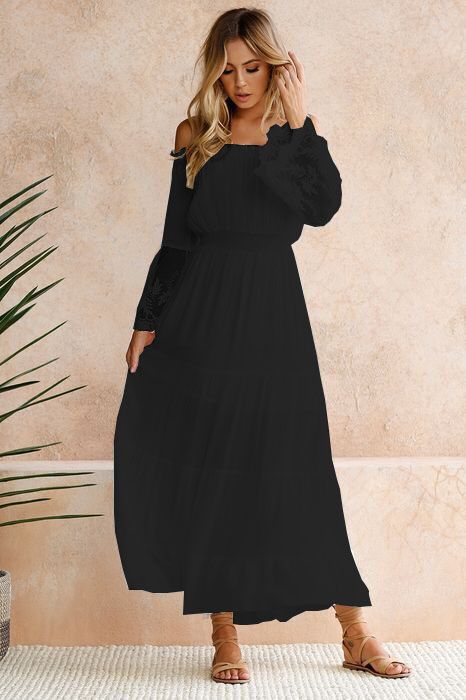 Off Shoulder Lace Embroidered Bell Sleeve Smocked Tiered Maxi Dress