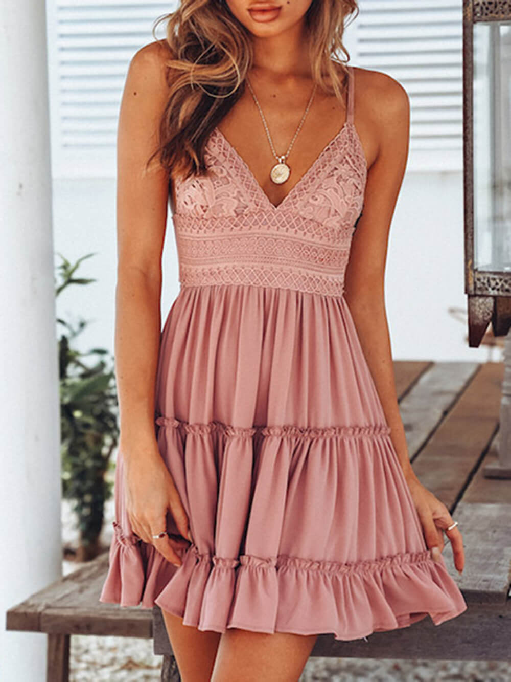 Lace Insert Tiered Ruffle Spaghetti Strap Deep V-Neck Mini Dress
