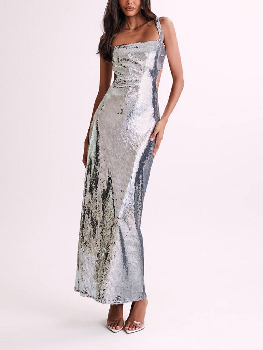 Sequin Square Neck Side Cut Out Bodycon Maxi Dress