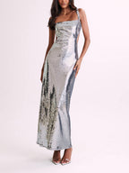 Sequin Square Neck Side Cut Out Bodycon Maxi Dress
