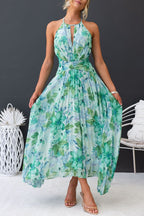 Floral Print Halter Neck Keyhole Cutout Pleated Handkerchief Hem Maxi Dress