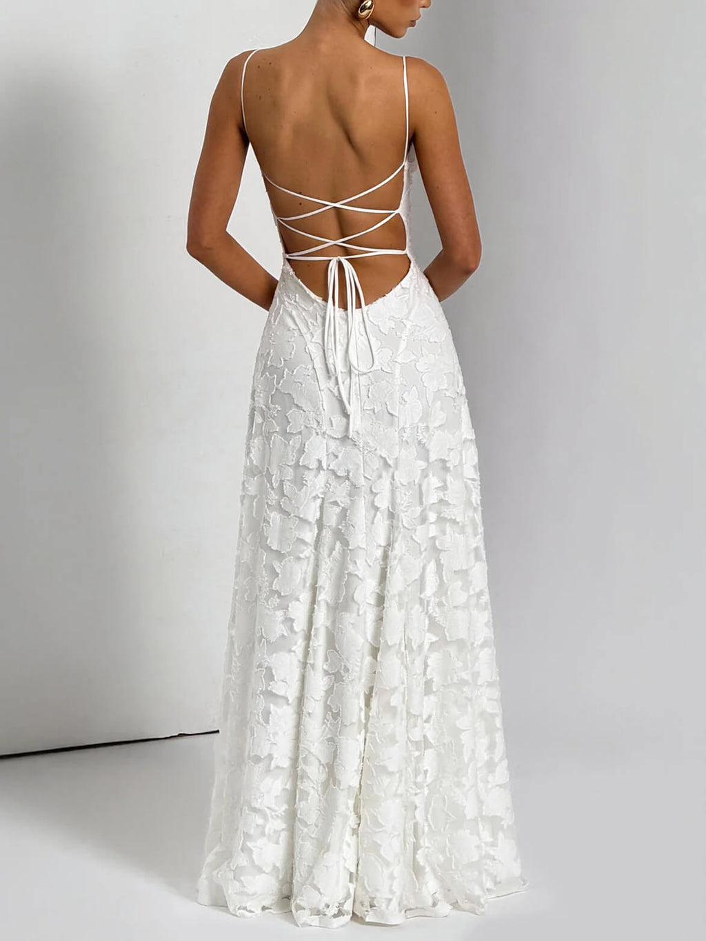 Square Neck Spaghetti Strap Floral Applique Tiered A-Line Maxi Dress