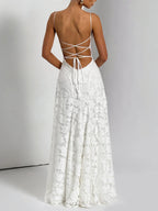 Square Neck Spaghetti Strap Floral Applique Tiered A-Line Maxi Dress