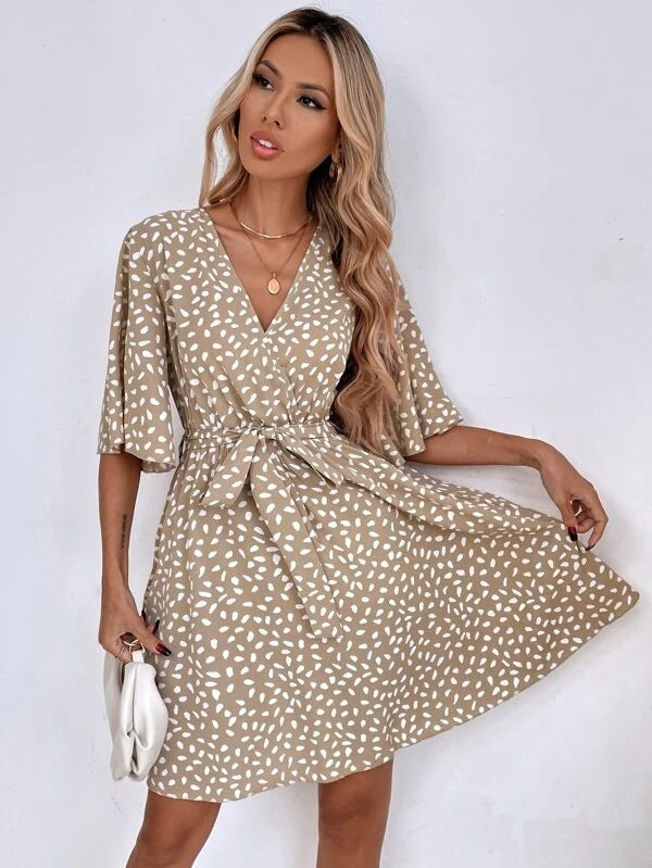 Dalmatian Print Flutter Sleeve Wrap Tie Waist Mini Dress