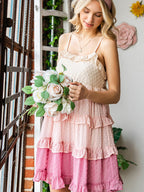 Swiss Dot Color Block Ruffle Trim Spaghetti Strap Tiered Mini Dress