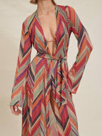 Chevron Geometric Print Bell Sleeve Wrap Tie Waist Maxi Dress