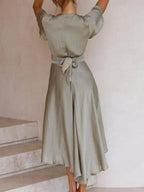 Twist Front Cutout Deep V Neck Flutter Sleeve High Low Satin Midi Dress