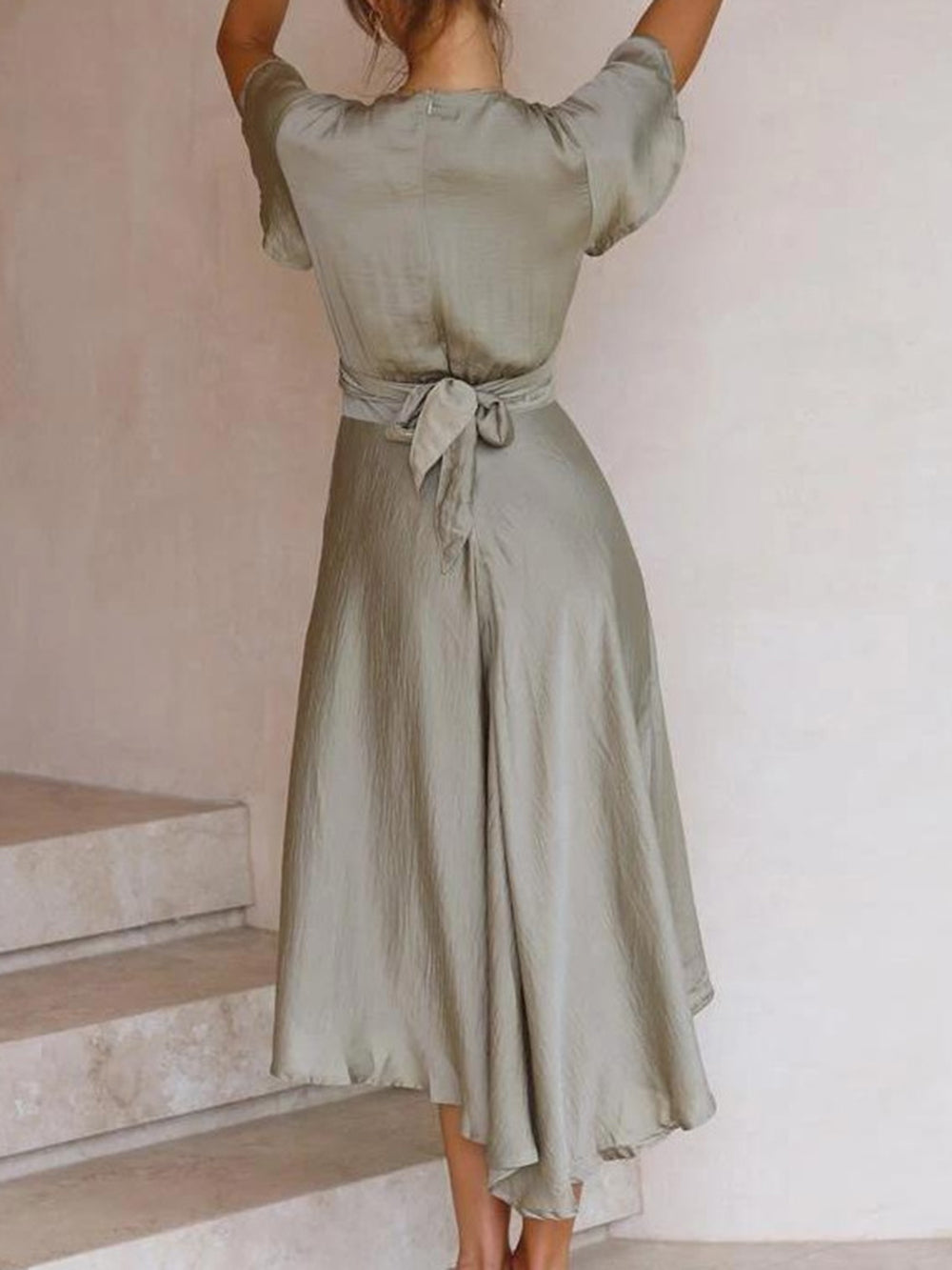 Twist Front Cutout Deep V Neck Flutter Sleeve High Low Satin Midi Dress